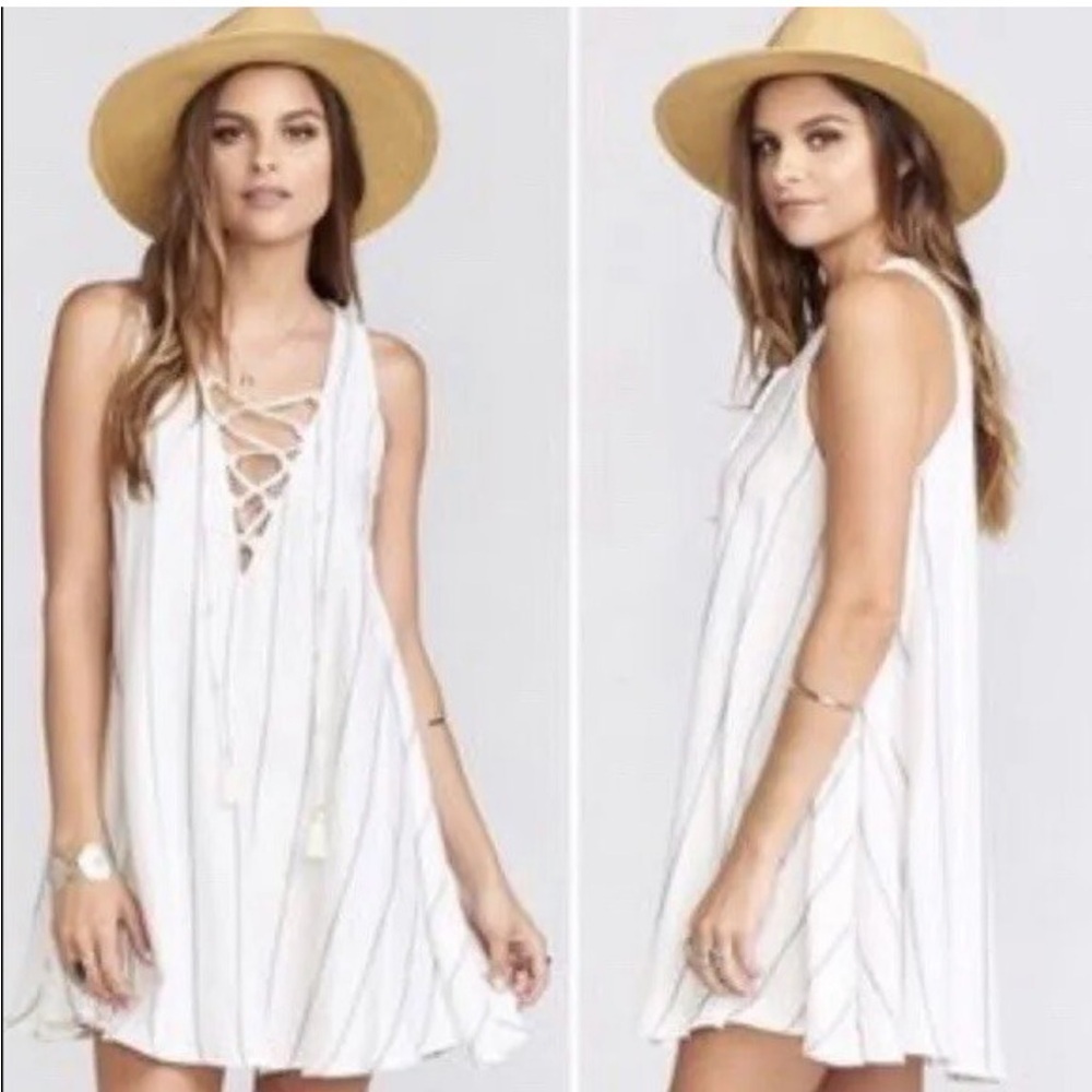 Show Me Your Mumu Rancho Mirage Dress Striped Lace Up White Blue pinstripe boho